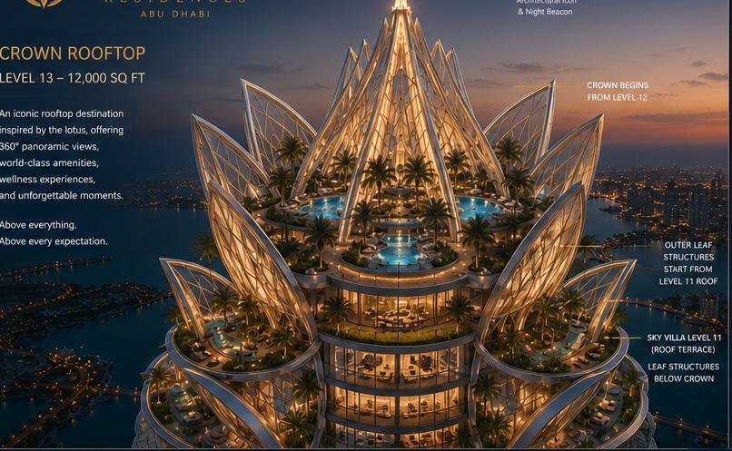 The Crown rooftop — lotus architecture at sunset