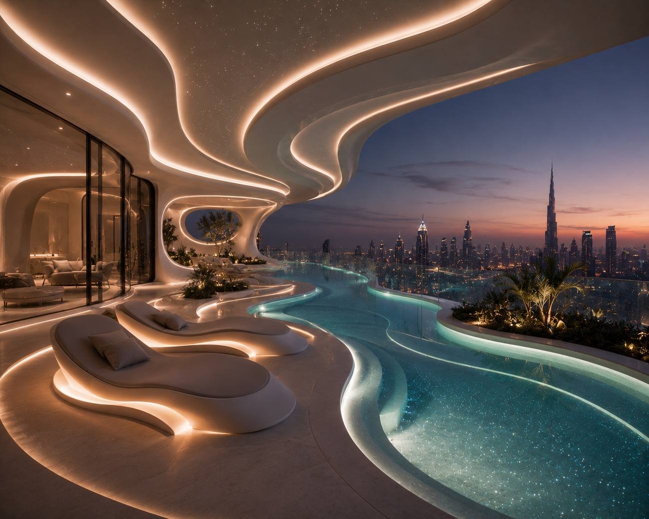 Penthouse infinity pool terrace at dusk