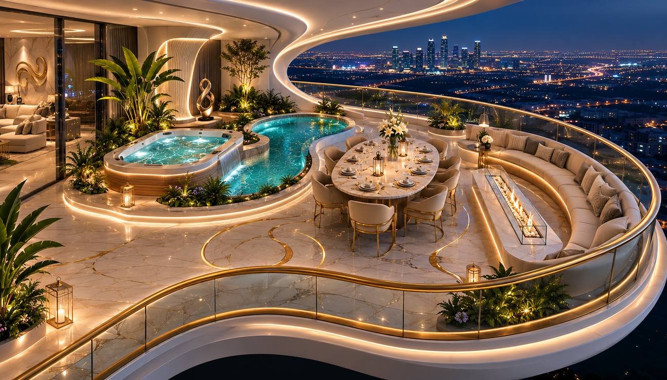 Sky villa balcony with plunge pool over the city