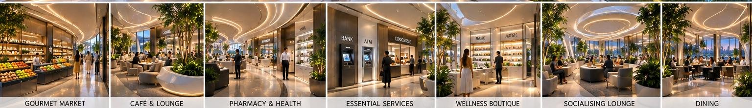 The corridor retail program — market, café, pharmacy, services, boutique, lounge, dining
