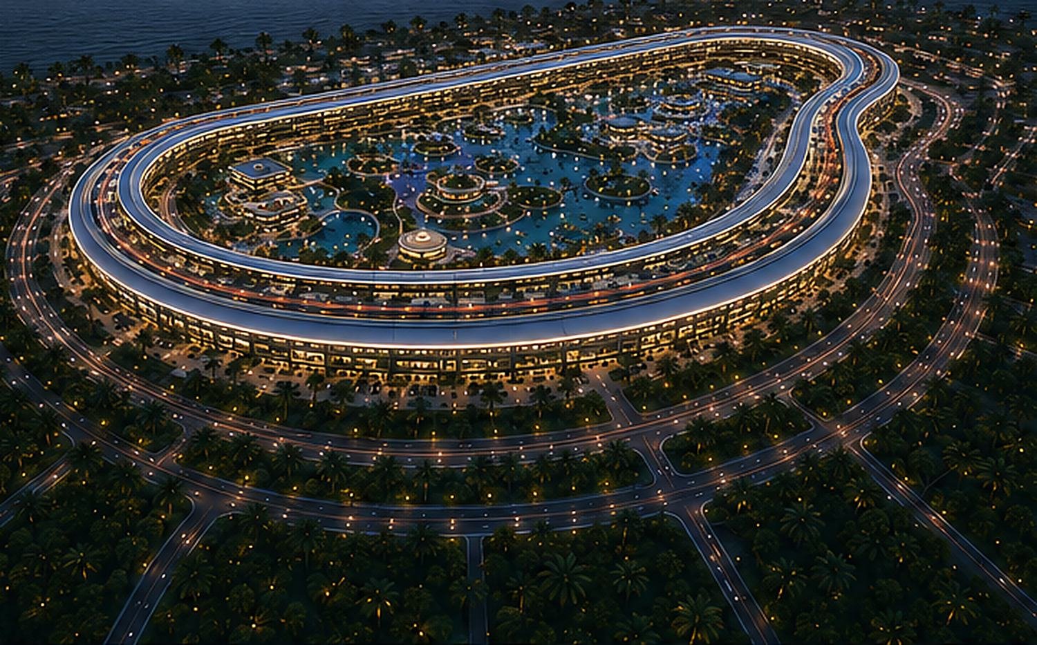 The Wellness Resort aerial — the ring of light around the signature lagoon