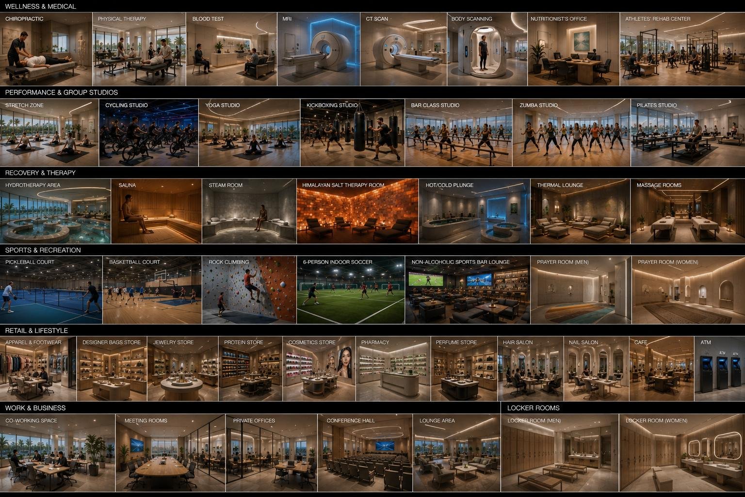 A matrix of the resort's interior program — medical, studios, recovery, sport, retail, work