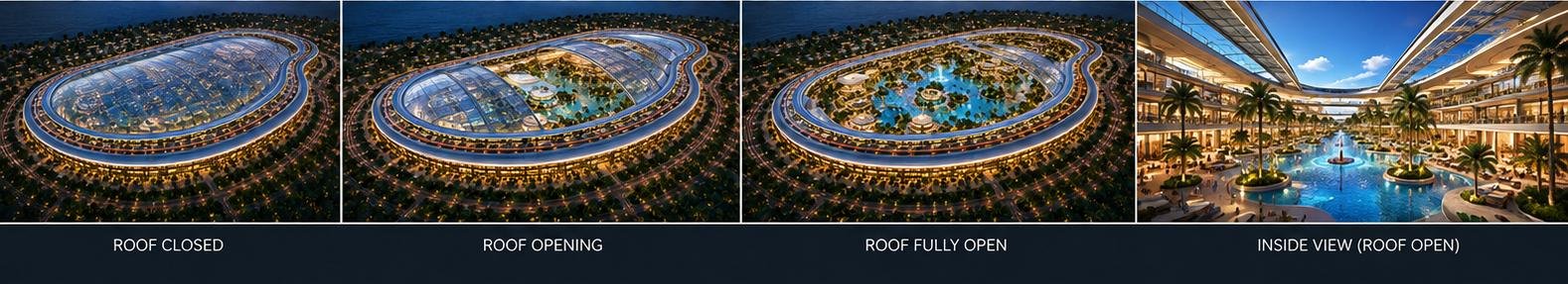 Roof states: closed, opening, fully open, and the view inside