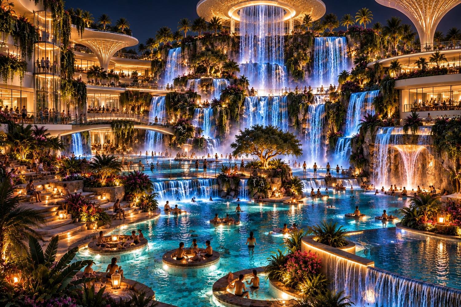 Living Falls at night with amenity panels
