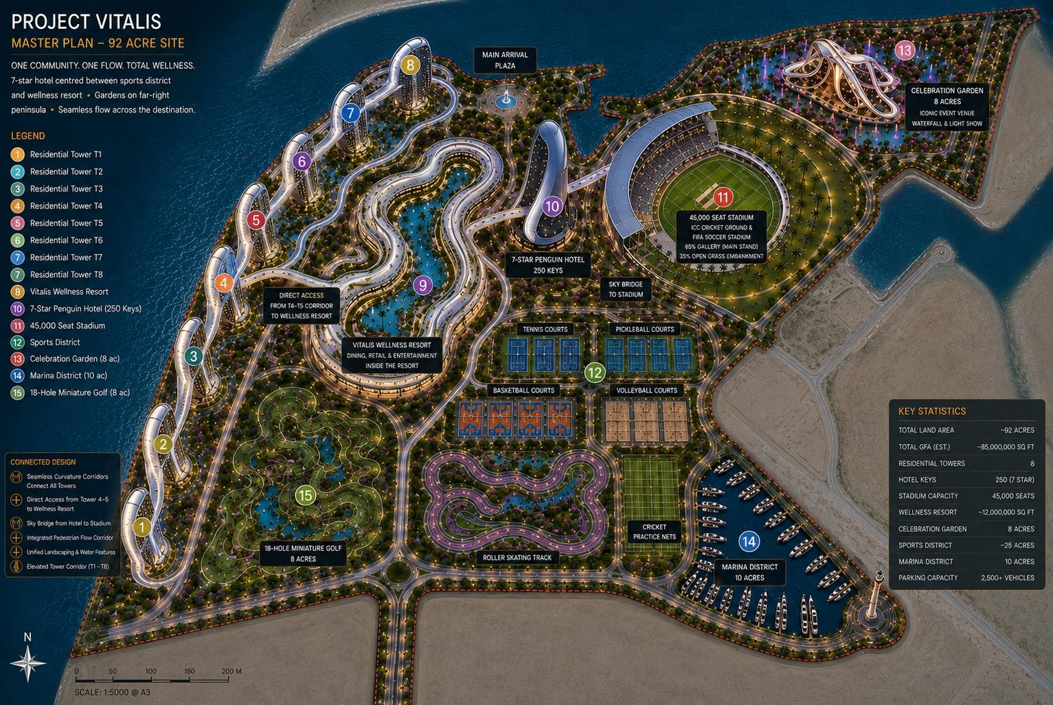 Project Vitalis 92-acre master plan with legend and key statistics