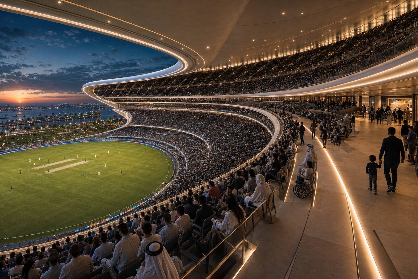 Stadium concourse view over the pitch at sunset
